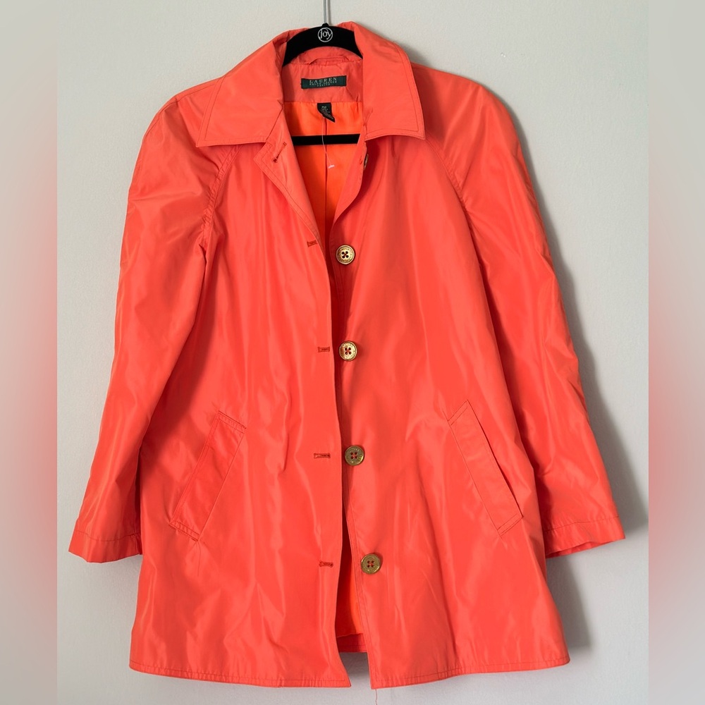 Vibrant Orange Ralph Lauren Raincoat with Golden Buttons